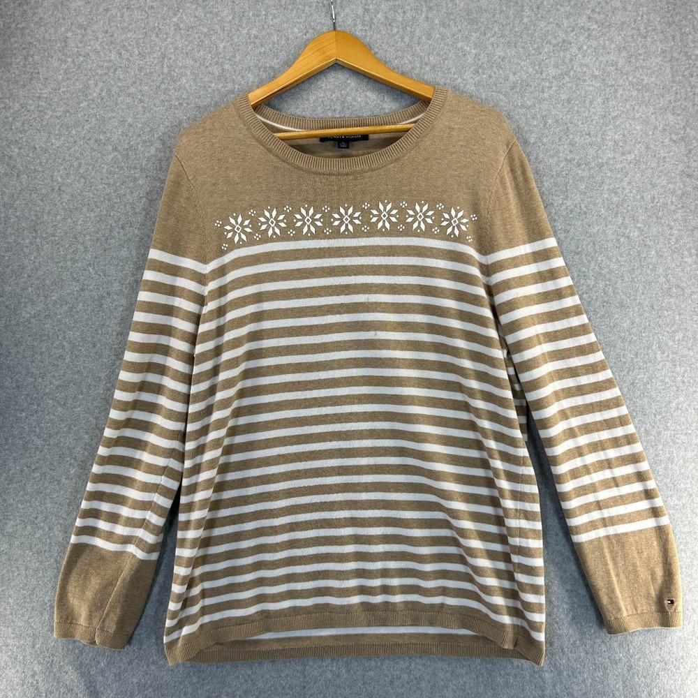 Tommy Hilfiger Beige Tan White Striped Snowflake Sweater Christmas Womens Sz‎ XL